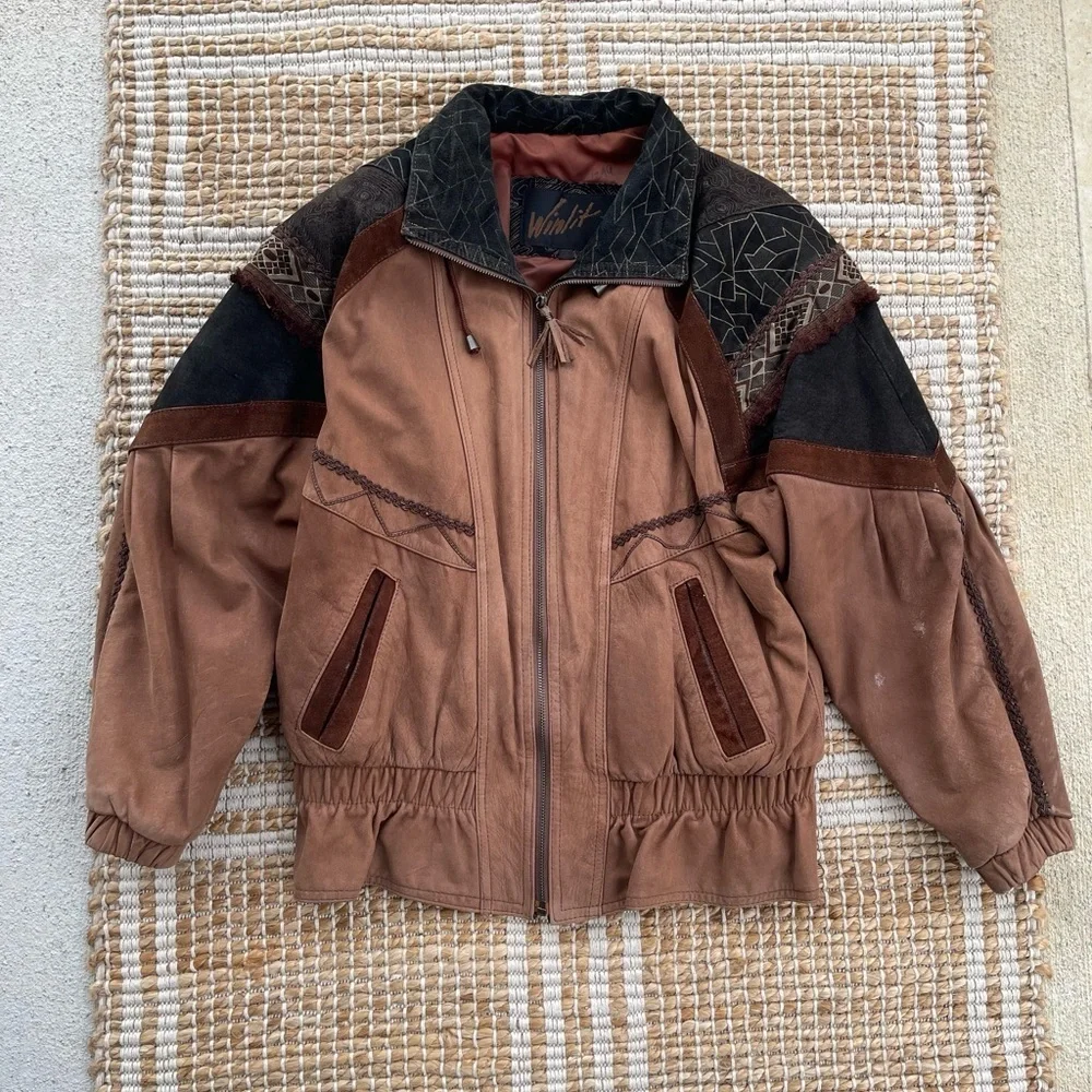 Vintage Winlit Leather Jacket Boho Patchwork Western Distressed Brown 90s - Picture 5 of 14